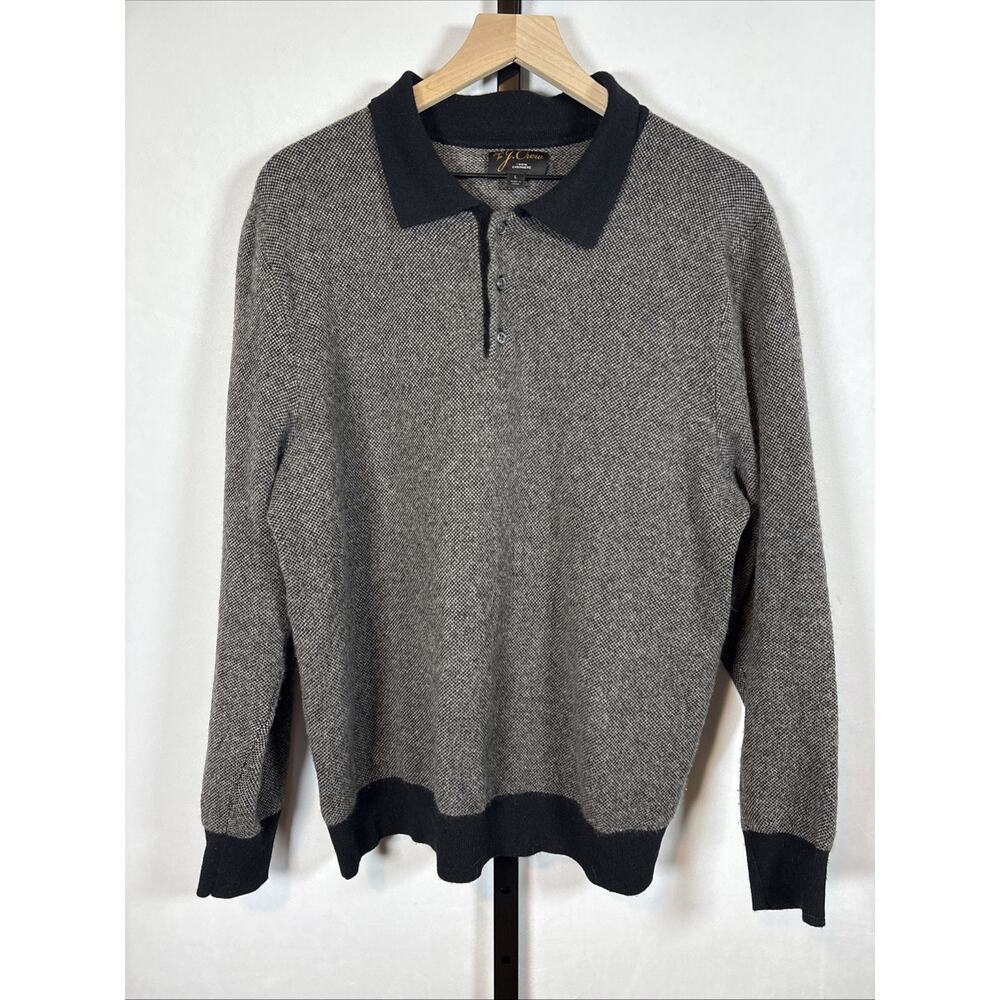 J. Crew Cashmere Polo Sweater Mens Large Birds Eye Brown Black Pullover Academia